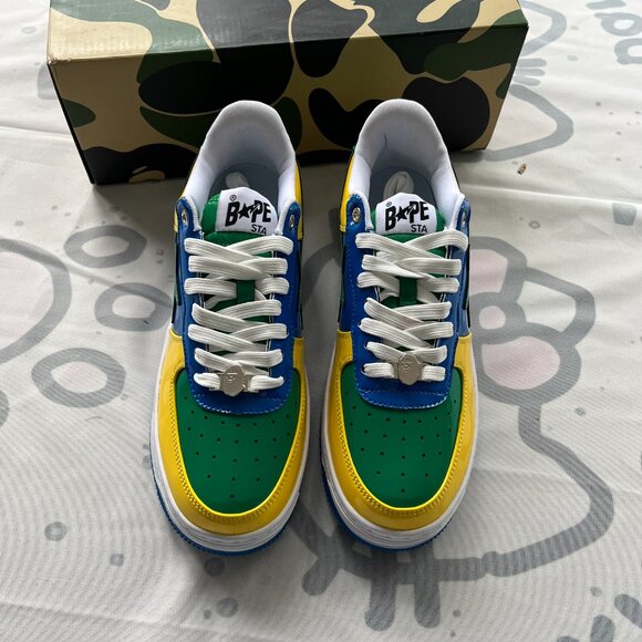 Bapesta Sk8 Dunk Yellow-Green Patent Leather Sports Casual Sneakers - Picture 2 of 8
